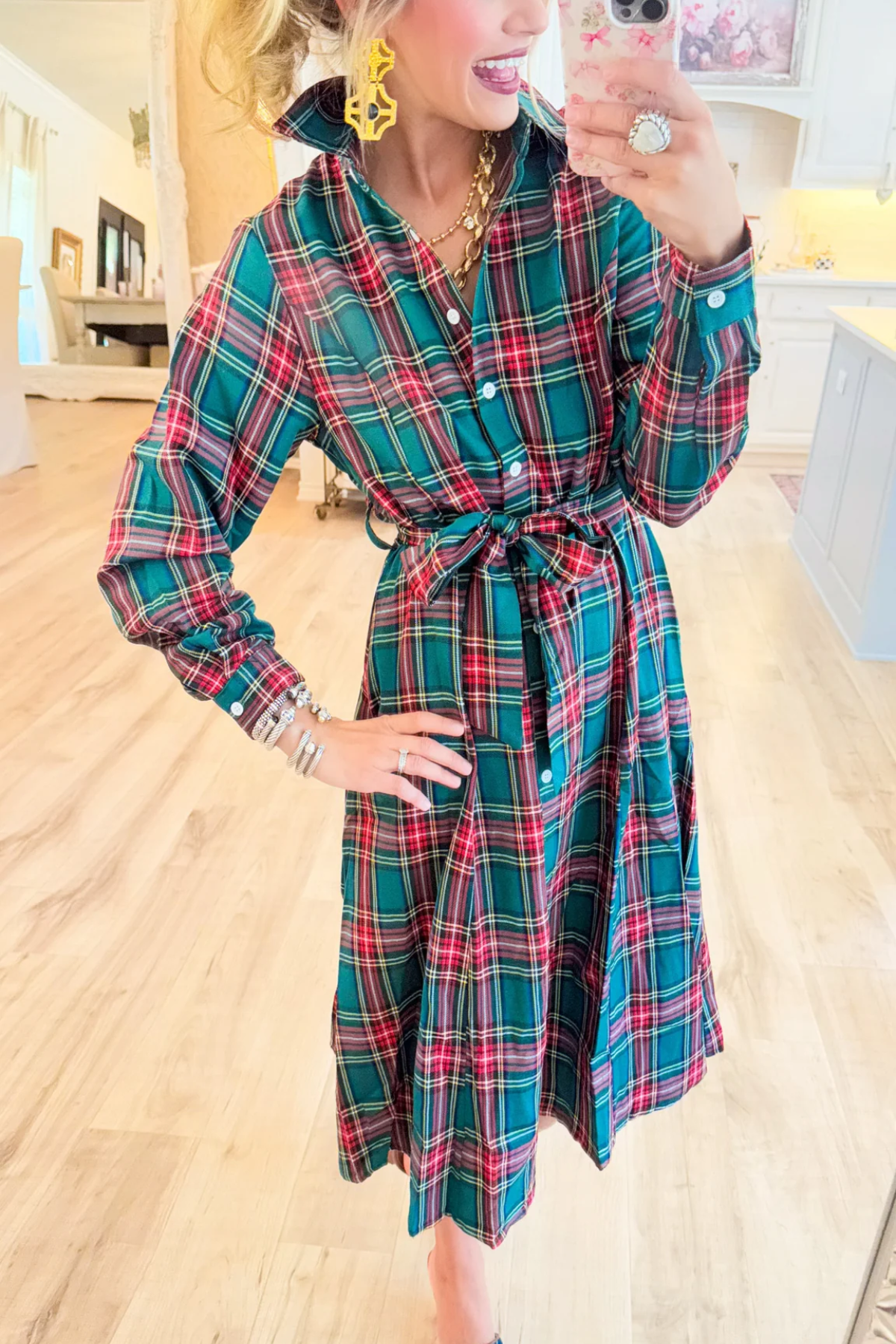 Hunter Green Multi Plaid Midi Dress