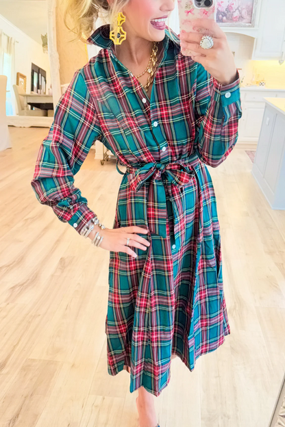 Hunter Green Multi Plaid Midi Dress