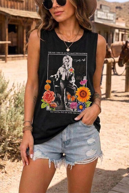 Dolly Parton Tank Top Womens Graphic Band Tee Lace Up Caged Back