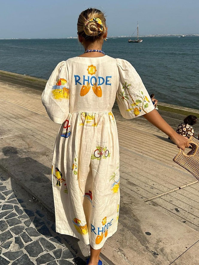Robe mi-longue en lin imprimé