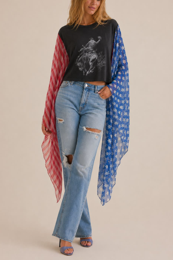 American Style Chiffon Slogan Bat Sleeve T-Shirt