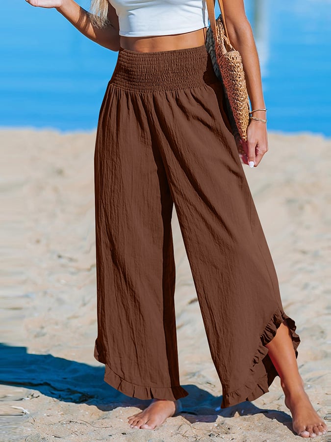 Pantalon décontracté ample en coton et lin à ourlet irrégulier plissé à taille haute pour femme 