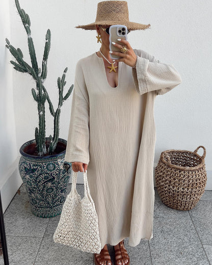 Robe unie à manches longues en coton et lin