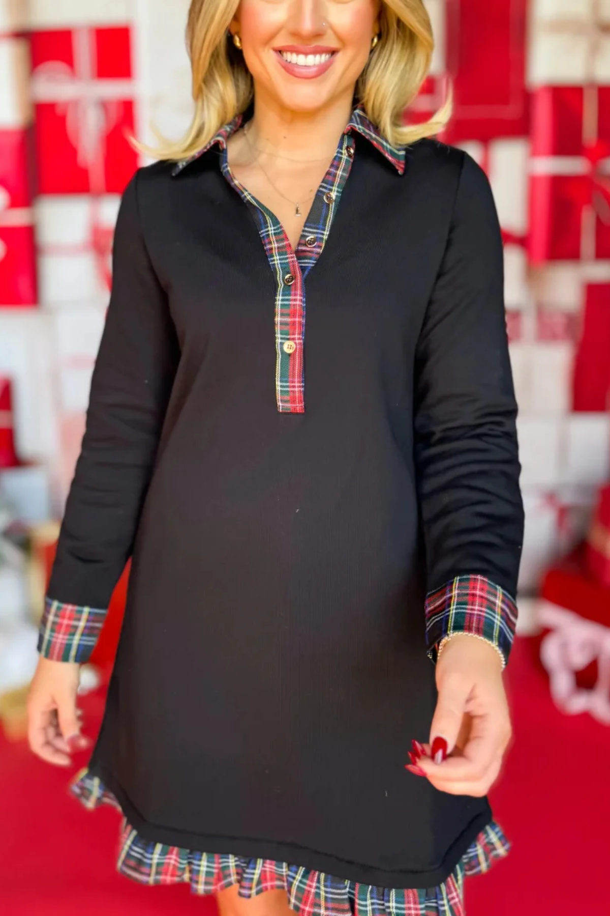 Ruffled, Contrasting Long-sleeved Dress