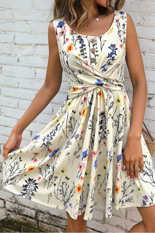 Casual Vacation Floral Print Pleated Cross Design Sleeveless Round Neck Dress