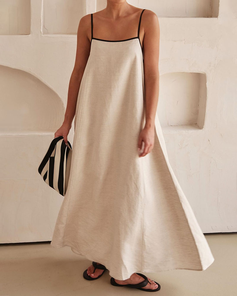 Robe à bretelles en coton et lin contrastés tendance 