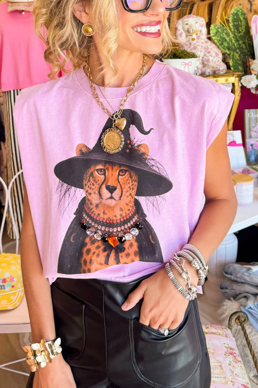 Pink Leopard Witch Jeweled Collar Muscle Tee