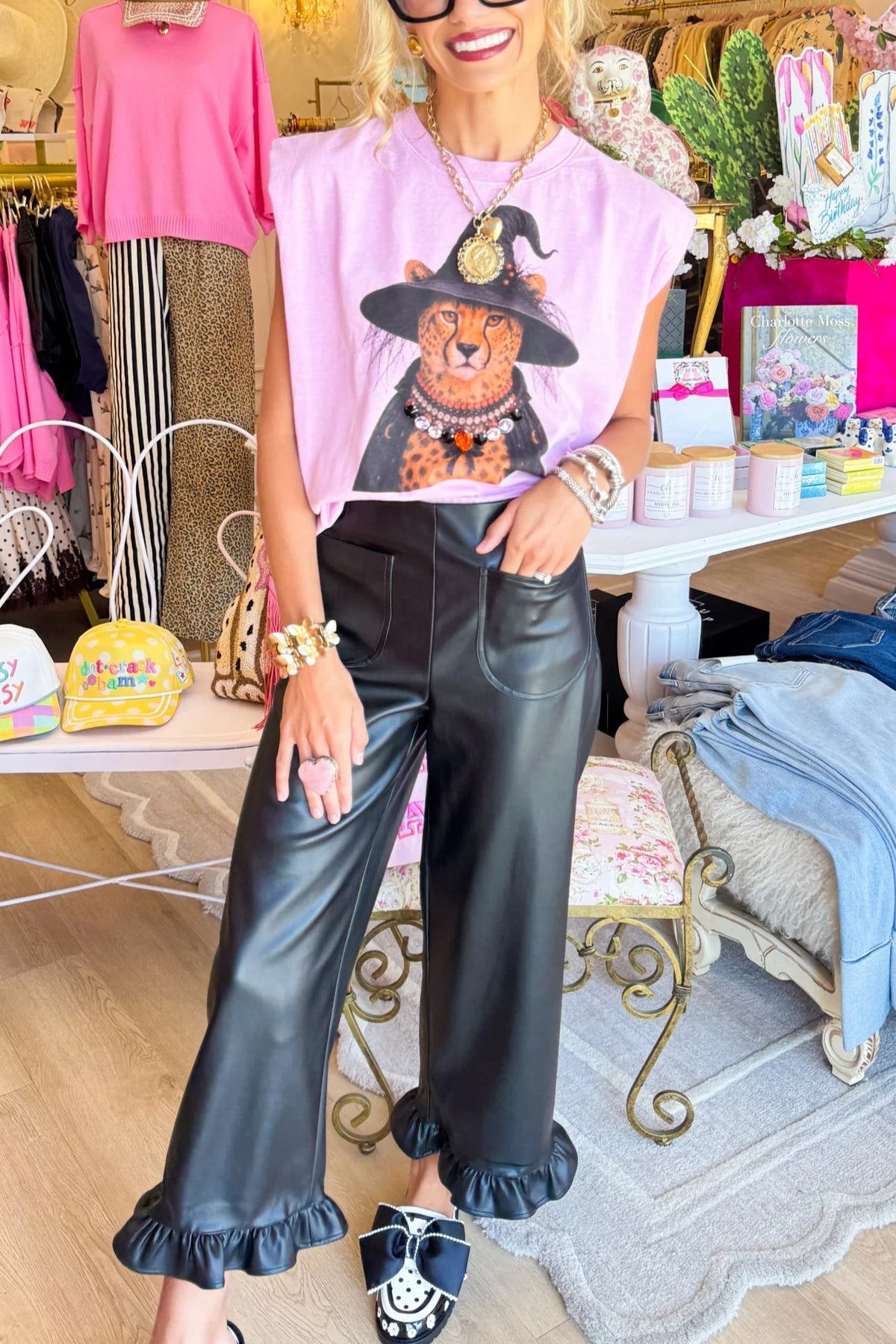 Pink Leopard Witch Jeweled Collar Muscle Tee