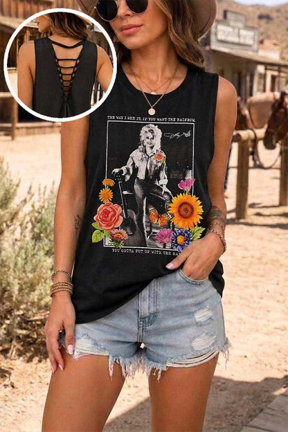 Dolly Parton Tank Top Womens Graphic Band Tee Lace Up Caged Back