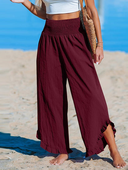 Pantalon décontracté ample en coton et lin à ourlet irrégulier plissé à taille haute pour femme 
