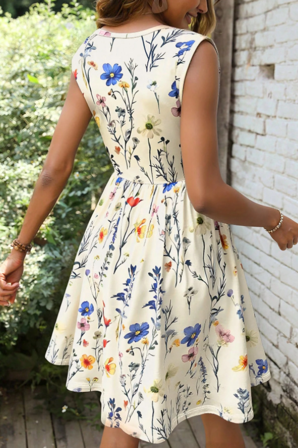 Casual Vacation Floral Print Pleated Cross Design Sleeveless Round Neck Dress