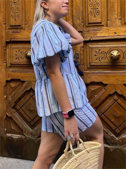 Blue Bow Striped Blouse Set