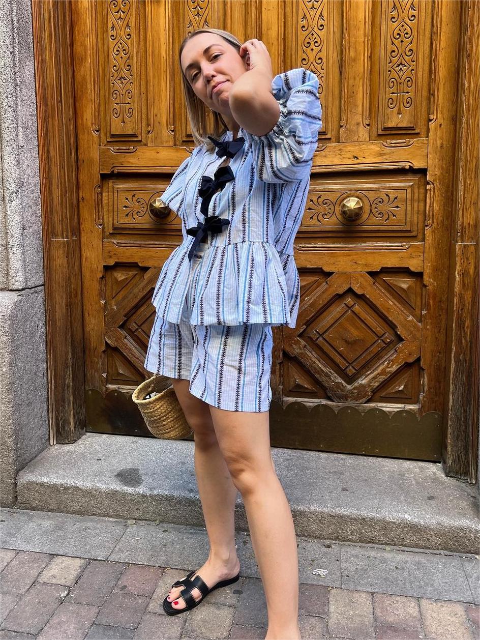 Blue Bow Striped Blouse Set