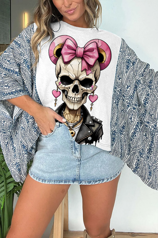 Halloween Fun Bow Skull Print T-shirt (no Back Pocket)