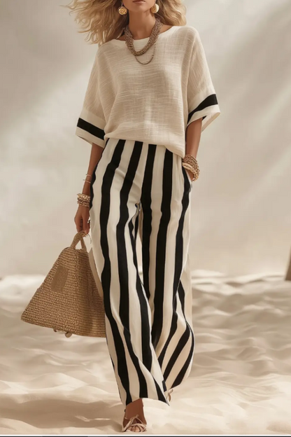 Beige Textured Color-block Top & Striped Elastic Waist Wide-leg Pants Set