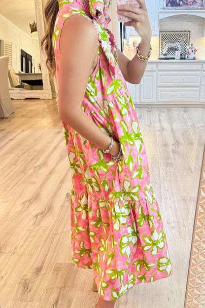 Pink Flower Print Midi Dress