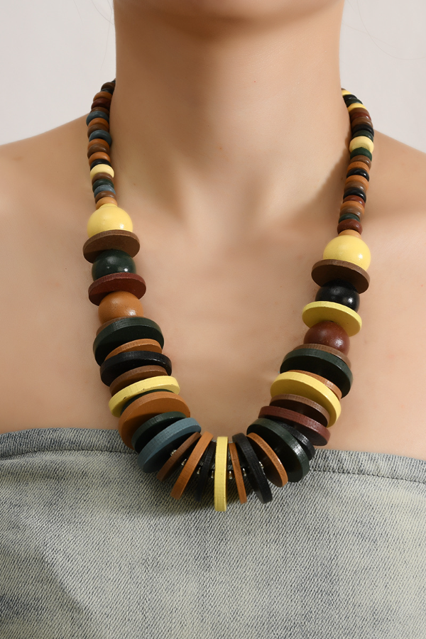 Bohemian colored wooden bead necklace