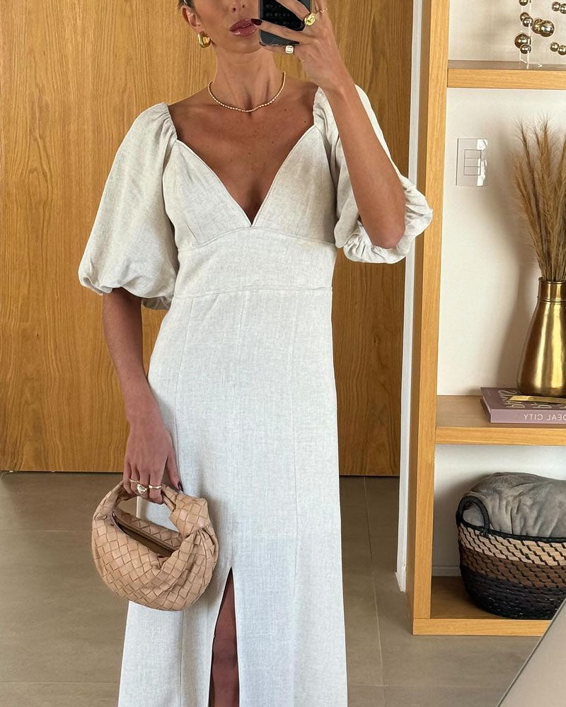 Robe élégante en lin fendue à manches courtes et col en V 