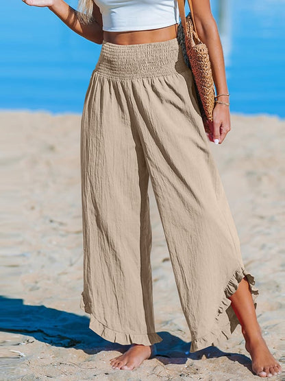 Pantalon décontracté ample en coton et lin à ourlet irrégulier plissé à taille haute pour femme 