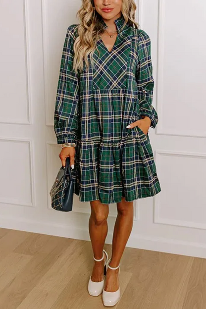 Plaid Print Frilly Collar Long Sleeve Mini Dress