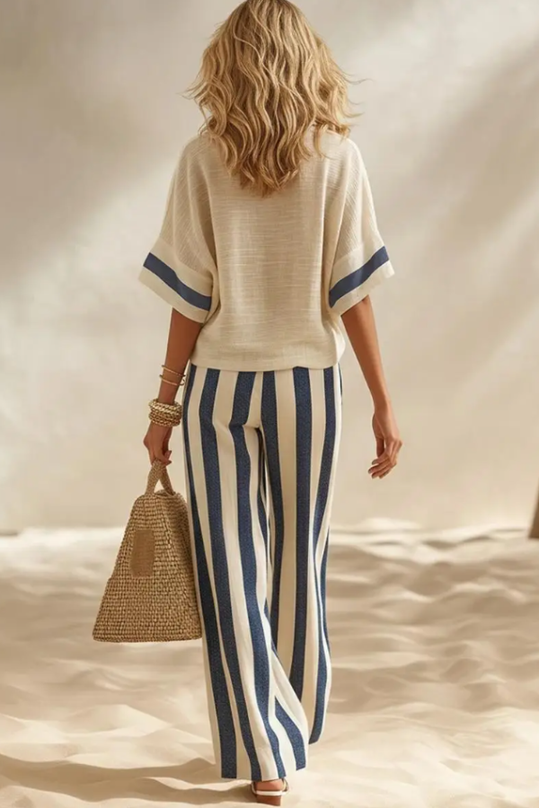 Beige Textured Color-block Top & Striped Elastic Waist Wide-leg Pants Set