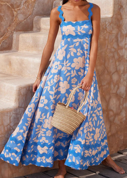 Robe longue à bretelles en dentelle florale bleue avec surpiqûres ondulées