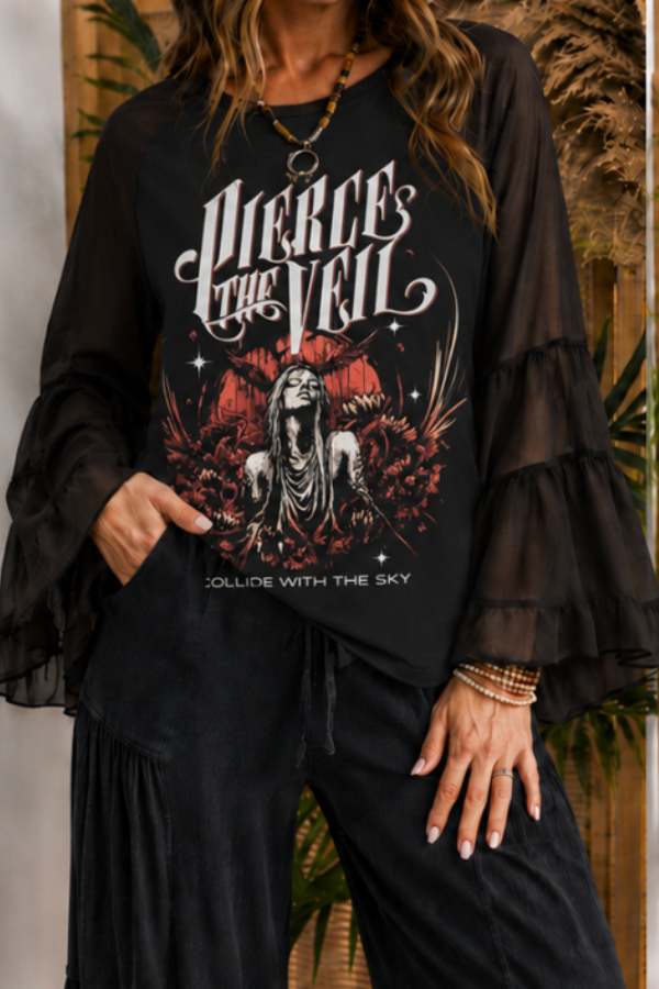 "PIERCE THE VEIL" Printed Layered Flare Sleeve Tee
