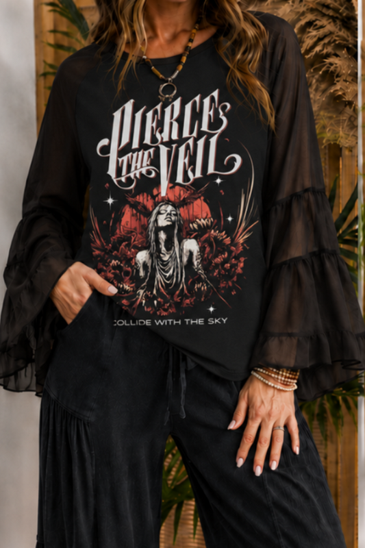 "PIERCE THE VEIL" Printed Layered Flare Sleeve Tee
