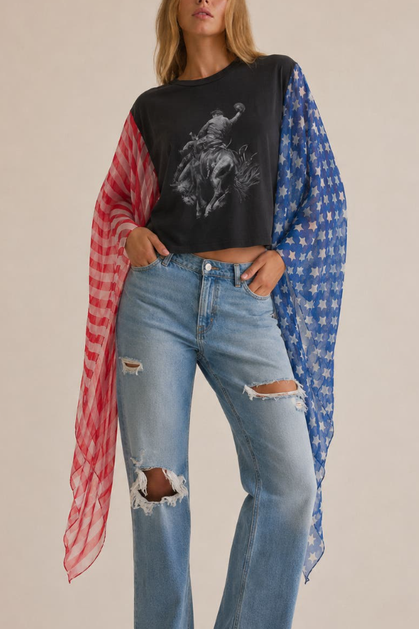 American Style Chiffon Slogan Bat Sleeve T-Shirt