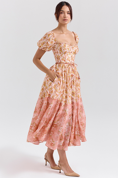Robe mi-longue à imprimé floral, manches bouffantes, taille cintrée, colorblock