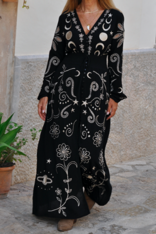 Elegant Retro Long-Sleeved Waist Dress with Star and Moon Print