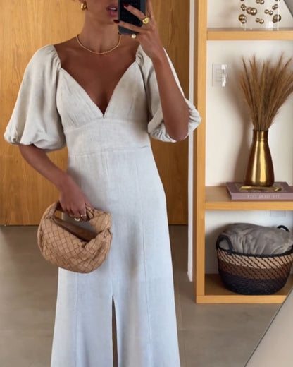 Robe élégante en lin fendue à manches courtes et col en V 