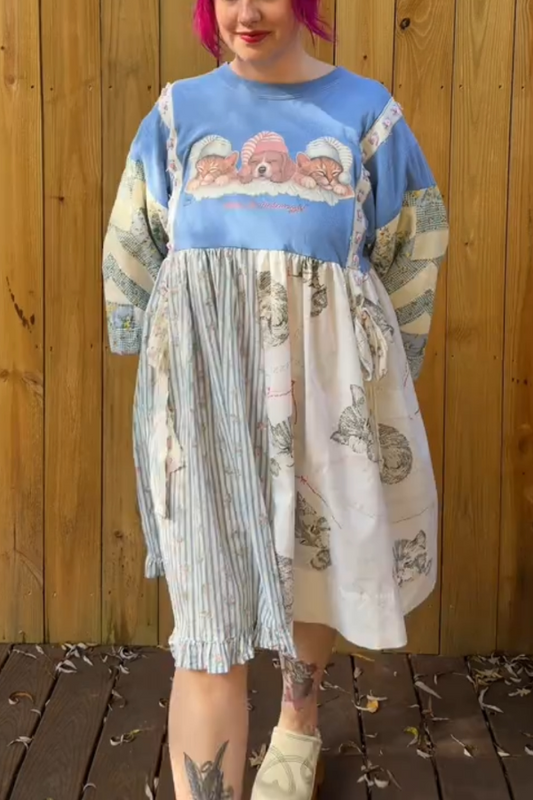 Dog And Cat Print Patchwork Dress