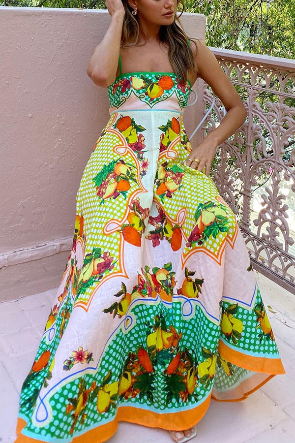 Robe trapèze sans manches à imprimé fruit en coton et lin