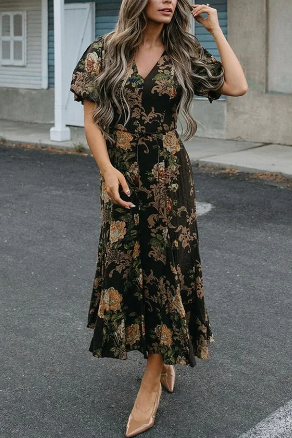 Women's V-neck Puff Sleeve Dress