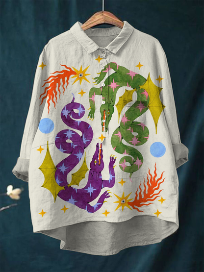 Chemise en lin à imprimé dragon vert violet vintage 