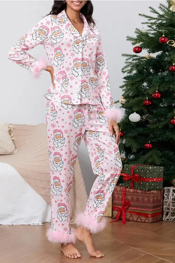 Christmas Holiday Pink Feather Women Pajams Set