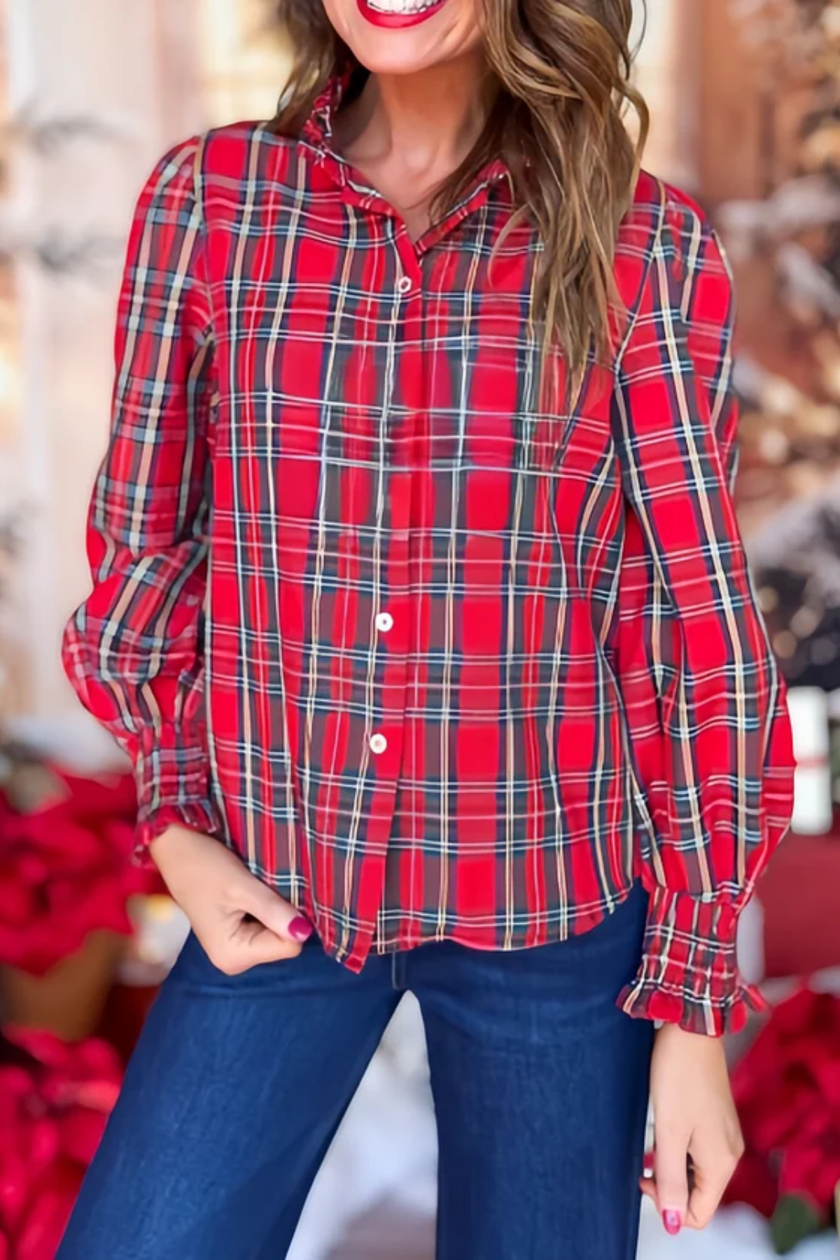Plaid Puff Smocked Long Sleeve Button Down Top In Red