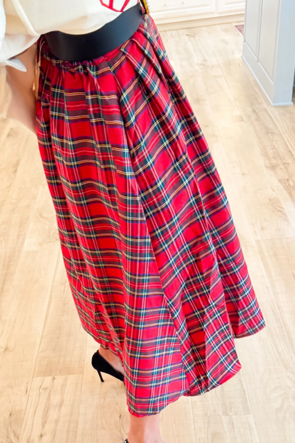 Red Multi Plaid Midi Skirt