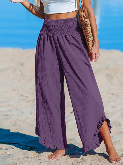 Pantalon décontracté ample en coton et lin à ourlet irrégulier plissé à taille haute pour femme 