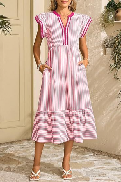 Summer V-Neck Ruffle Cap Sleeve Empire Waist Flowy Striped Beach Midi Maxi Dress