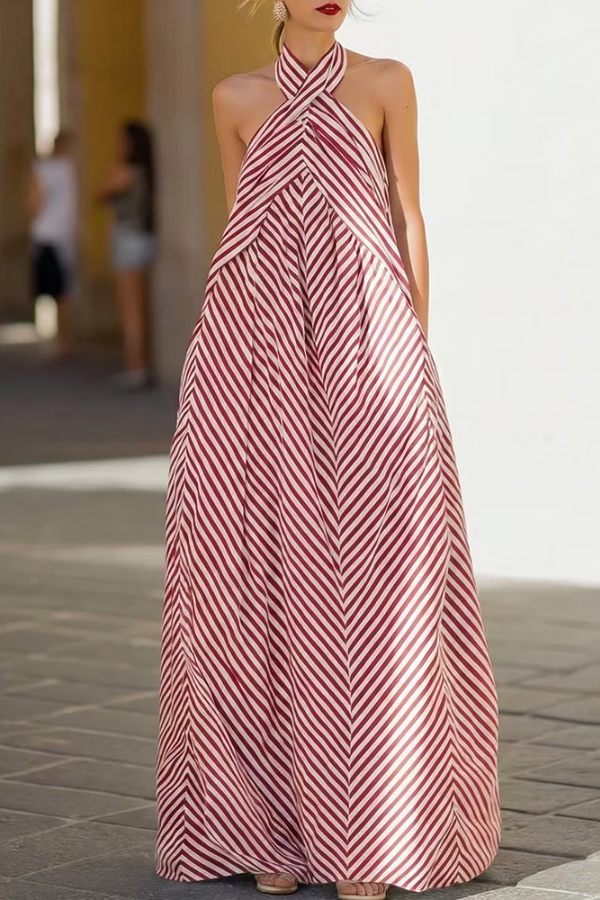 Women's Striped Halter Neck Chiffon Maxi Dress