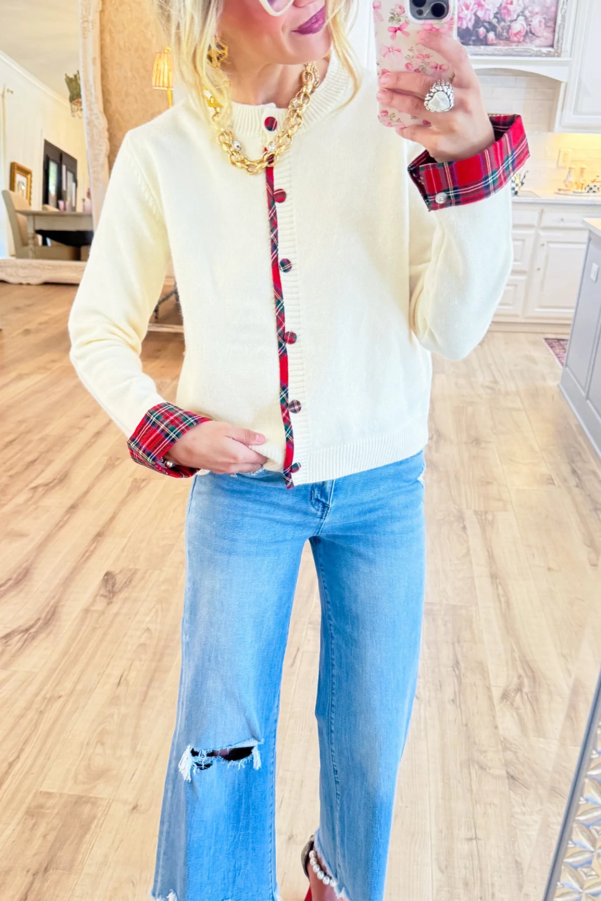 Cream Plaid Trimmed Cardigan