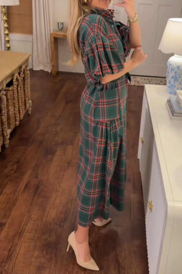 Women's Plaid Print Frilly Collar Long Sleeve Midi Dress