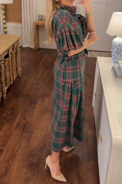 Women's Plaid Print Frilly Collar Long Sleeve Midi Dress