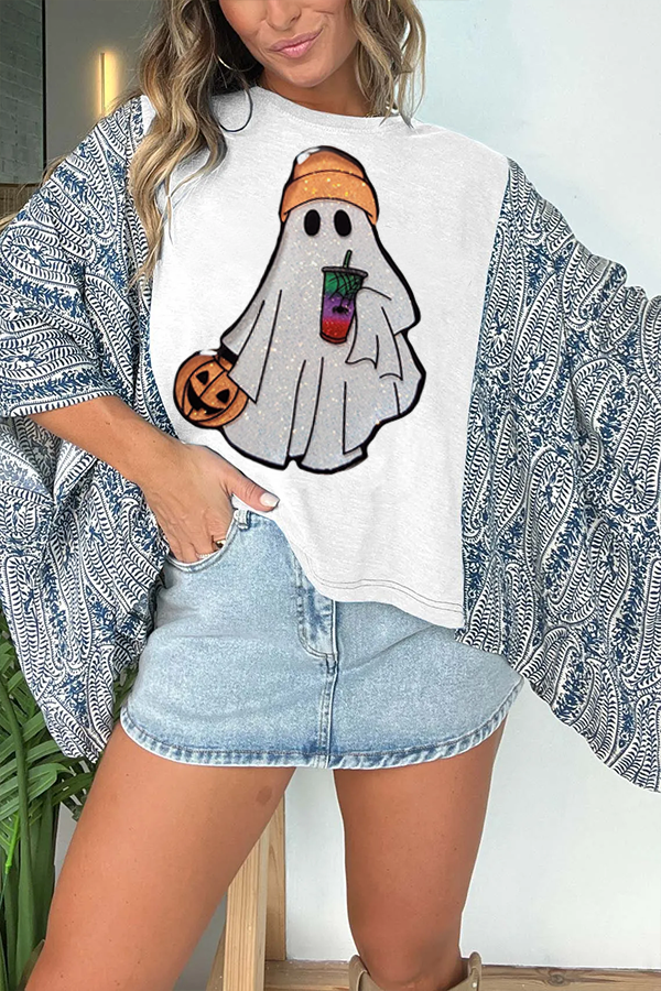 Halloween Cute Ghost Print T-Shirt (No Back Pocket)