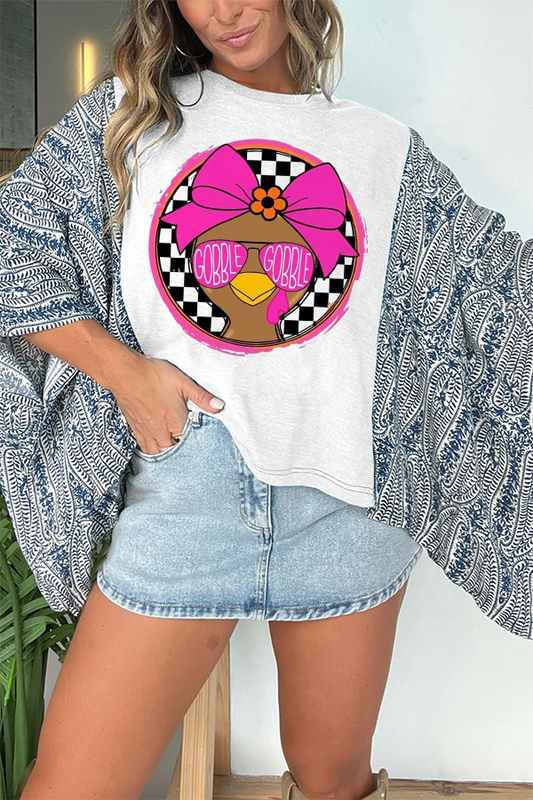 Thanksgiving Fashion Turkey Print T-Shirt (No Patch）