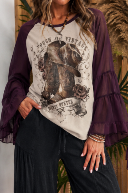 "BOUNTY HUNTER" Printed Layered Flare Sleeve Tee