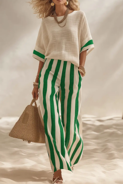 Beige Textured Color-block Top & Striped Elastic Waist Wide-leg Pants Set