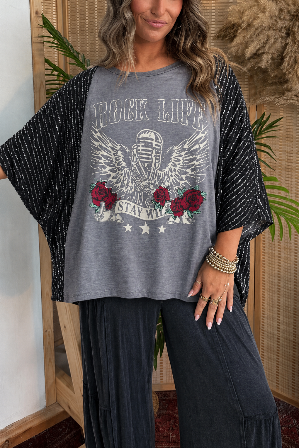 "ROCK LIFE" Graphic Sequin-Accent Relaxed Tee